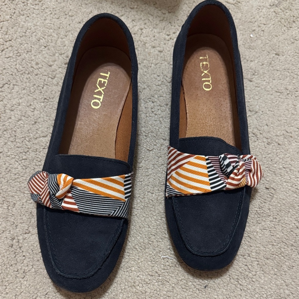 Navy Loafers with Striped Bow